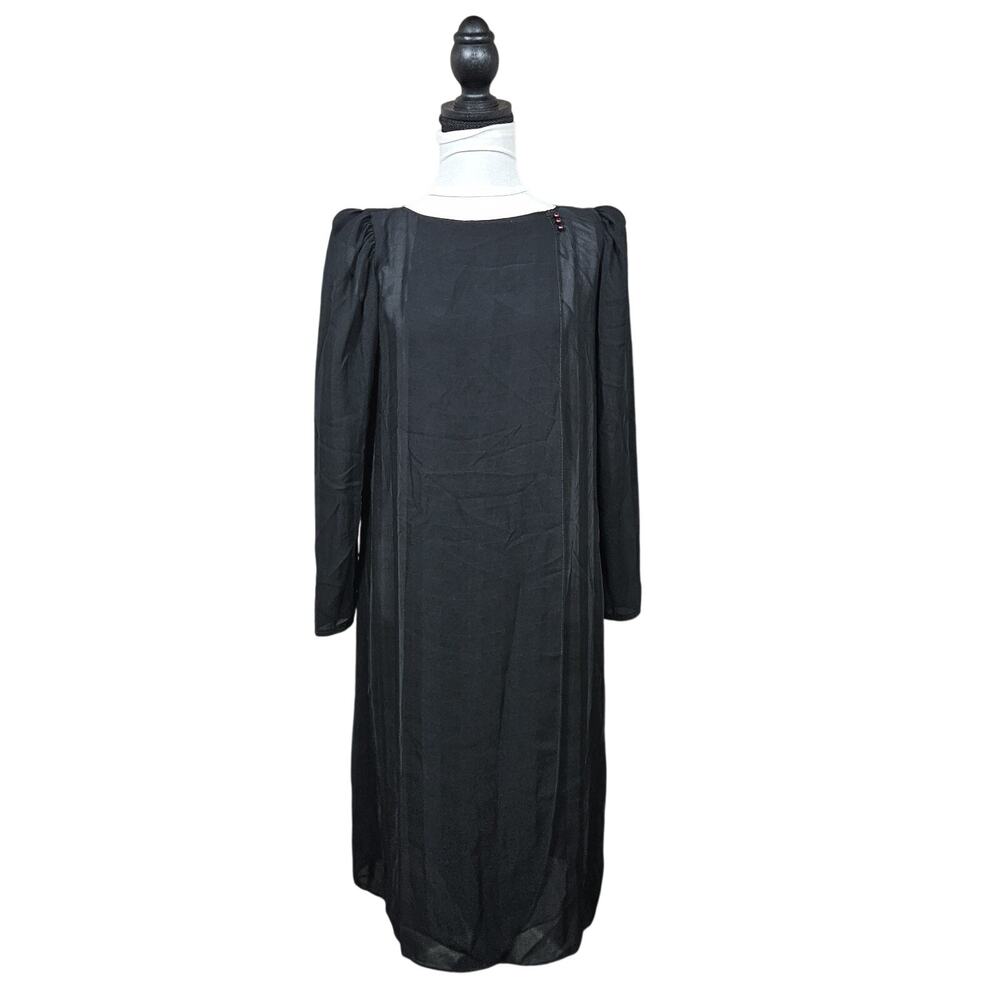 Goth Witchy Vtg 80s Black Sheer Midi Dress M Dark Fairycore Unlined Shoulder Pad